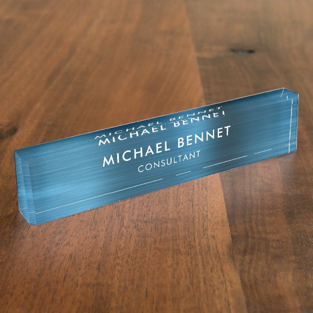 Placa De Nombre Elegante Blue Metallic Profesional Business (Lateral)