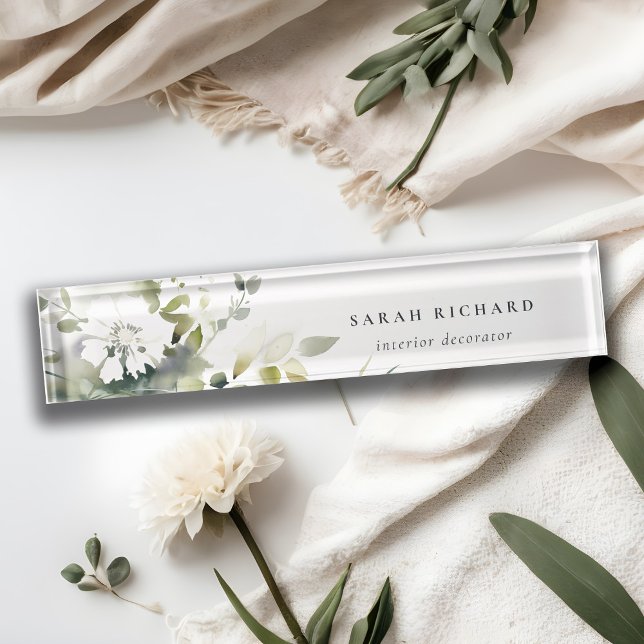 Placa De Nombre Elegante Boho moderno Resumen Floral blanca verde (Subido por el creador)