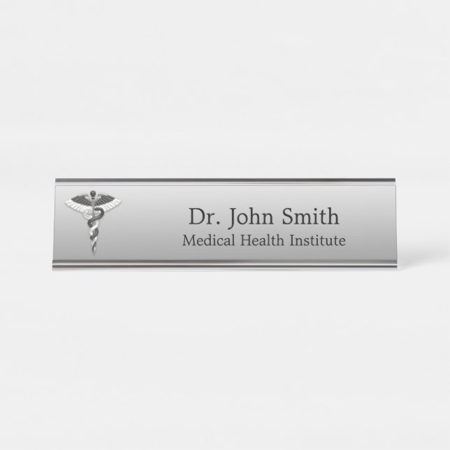 Placa De Nombre Elegante Caducto Blanco Negro Noble Médico Clásico (Anverso)