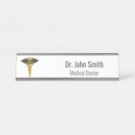 Placa De Nombre Elegante Caducto de Oro Clásico Alas Negras