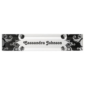 Placa De Nombre Elegante damasco blanco y negro