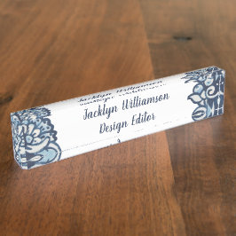Placa De Nombre Elegante Delft Blue Floral Blanca Personalizada