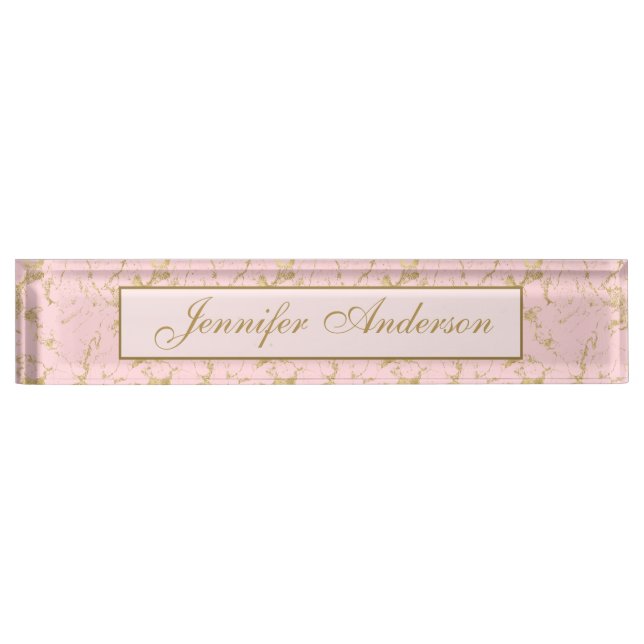 Placa De Nombre Elegante diseño de mármol rosa y dorado (Anverso)