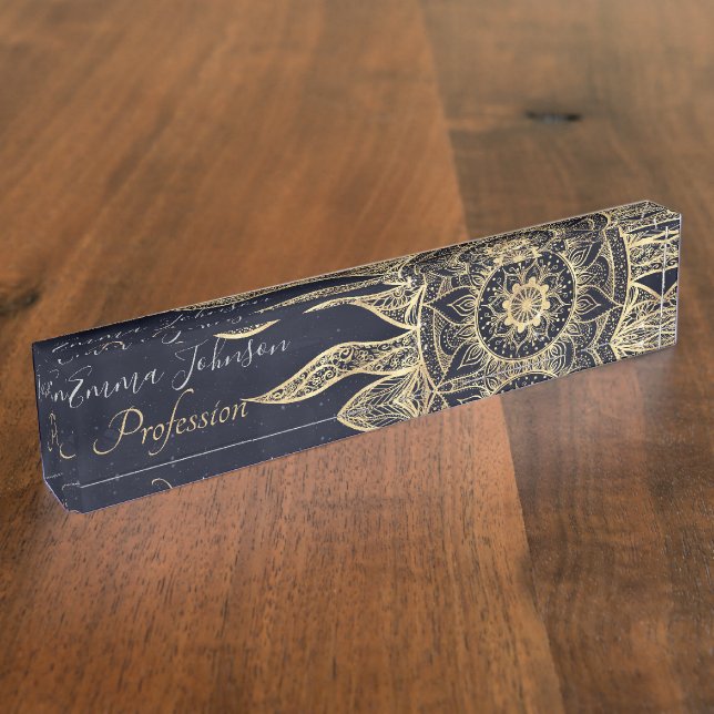 Placa De Nombre Elegante Dorado Sun Mandala Blue Nebula Diseño (Lateral)