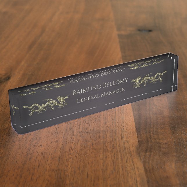 Placa De Nombre Elegante Dragon Black Metallic Desk Nameplate (Lateral)