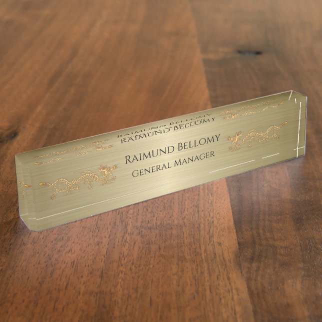 Placa De Nombre Elegante Dragon Gold Metallic Desk Nameplate (Lateral)