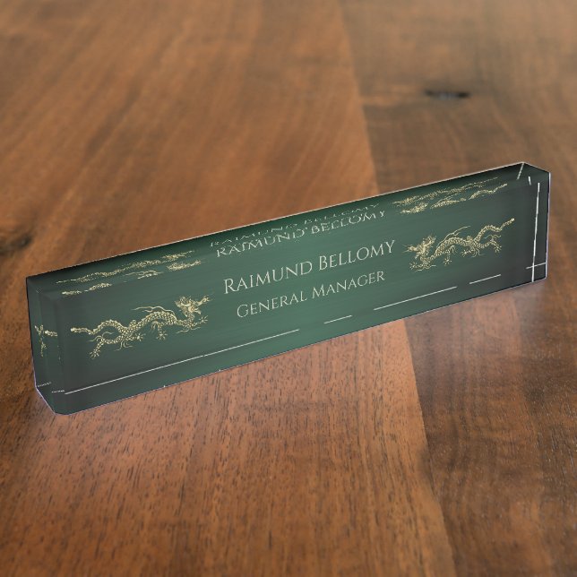 Placa De Nombre Elegante Dragon Green Metallic Desk Nameplate (Lateral)