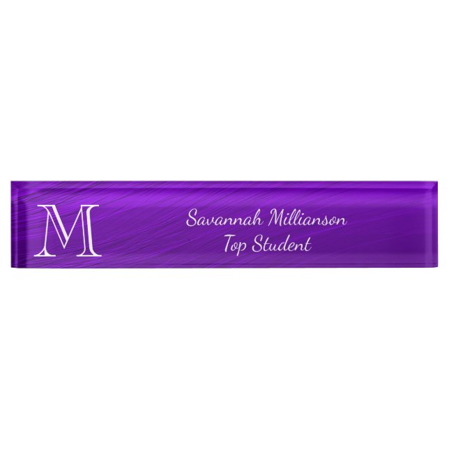 Placa De Nombre Elegante estudiante de Monograma Metalizado Purple (Anverso)