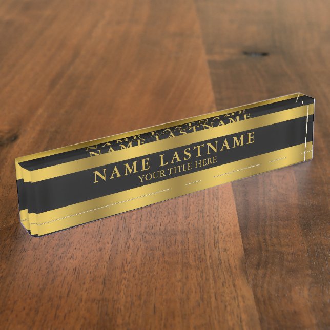 Placa De Nombre Elegante Faux Gold Classic Name Title Black (Lateral)