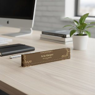 Placa De Nombre Elegante Firma de Auditoría Dorado Marrón Asesor F
