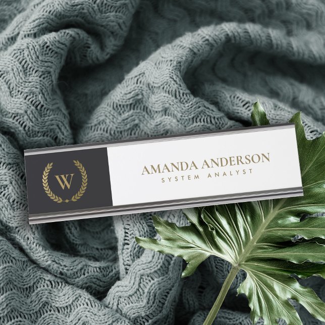 PLACA DE NOMBRE ELEGANTE FLORAL DE ORO LAUREL WREATER MONOGRAM INI (Subido por el creador)