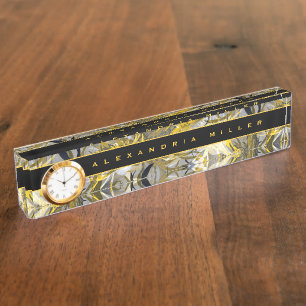 Placa De Nombre Elegante floral negra y amarilla  Reloj