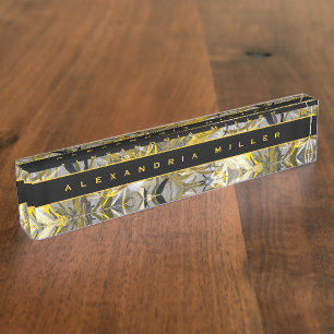 Placa De Nombre Elegante floral  Negro y amarillo abstracto artís