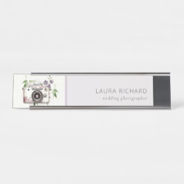 Placa De Nombre Elegante fotografía de cámara floral de leafy vint