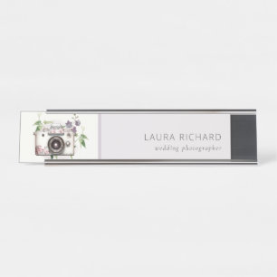 Placa De Nombre Elegante fotografía de cámara floral de leafy vint