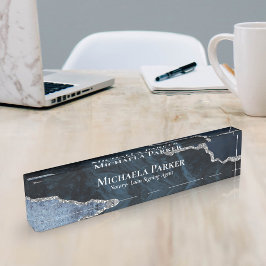 Placa De Nombre Elegante Geode de la Marina Azul de Plata