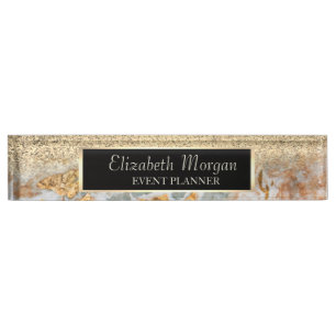 Placa De Nombre Elegante Glitter Dorado con Efecto Bokeh ,Mármol, 