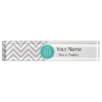 Elegante Gris Moderno Chevron y Monograma de Menta