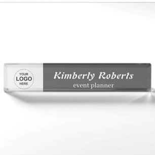 Placa De Nombre Elegante gris oscuro con logo comercial Personaliz