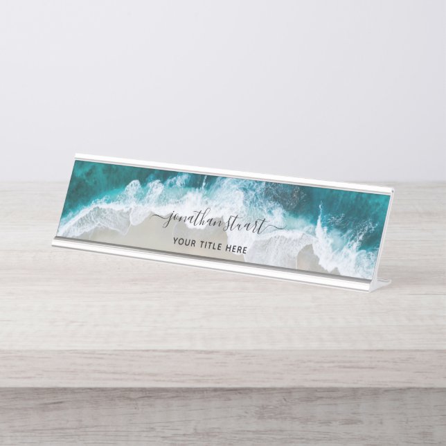 Placa De Nombre Elegante guion Aqua Blue Green Beach (Anverso)