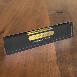 Placa De Nombre Elegante guión moderno en negro y oro