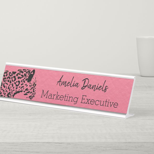 Placa De Nombre Elegante jaguar rosa y negro (Statement desk sign to be the envy of the office)