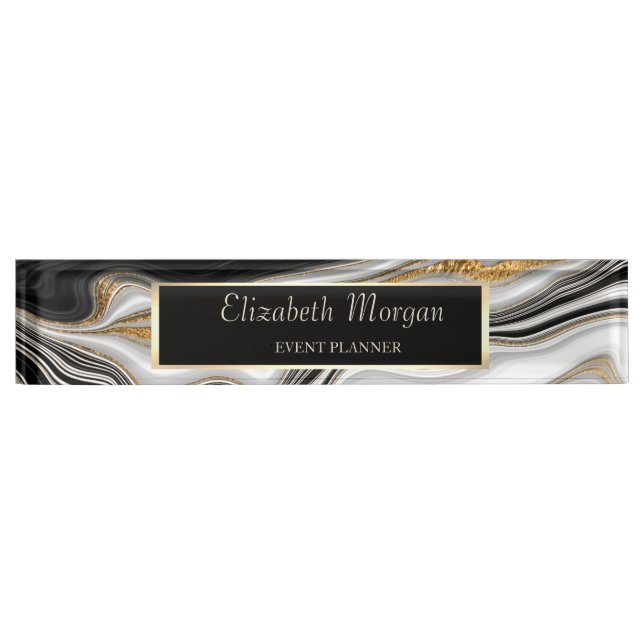 Placa De Nombre Elegante mármol blanco negro con estilo (Anverso)