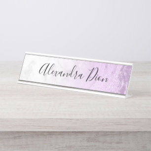 Placa De Nombre Elegante mármol blanco purpurina violeta