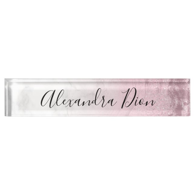 Placa De Nombre Elegante mármol rosa rosa purpurina rosa moderno (Anverso)