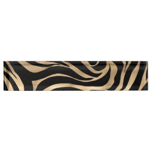 Placa De Nombre Elegante metal dorado Zebra Black Animal Print