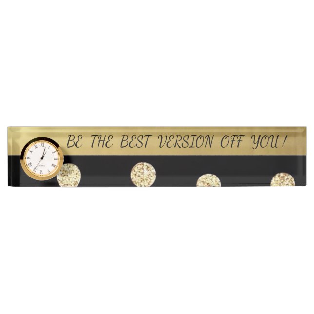 Placa De Nombre Elegante Moda Black Gold Dots-Motivational Message (Anverso)