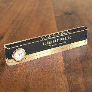 Placa De Nombre Elegante Modelo Moderno Oro Negro con Reloj