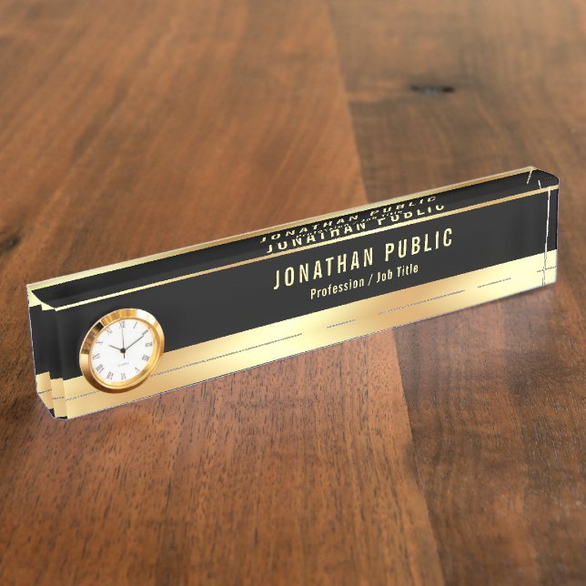 Placa De Nombre Elegante Modelo Moderno Oro Negro con Reloj (Lateral)