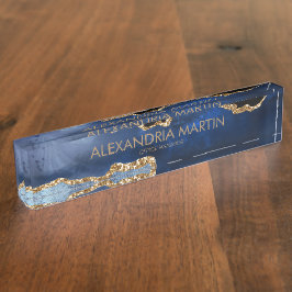 Placa De Nombre Elegante Moderno Azul Marino Dorado Brillante Ofic