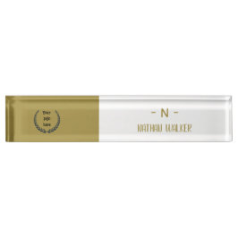 Placa De Nombre Elegante Monograma Dorado y Gris I Minimalista Ele