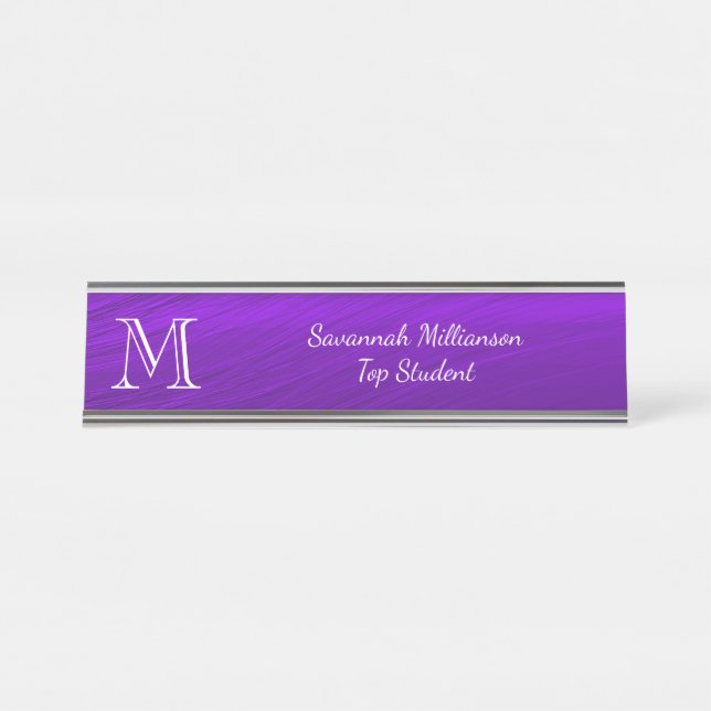 Placa De Nombre Elegante Monograma estudiantil Metalizado Purple F (Anverso)