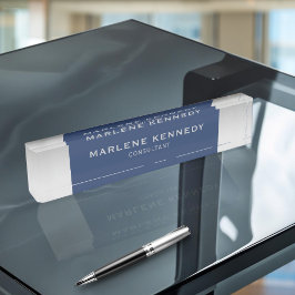 Placa De Nombre Elegante Monograma Plata Marina Azul Acrílico