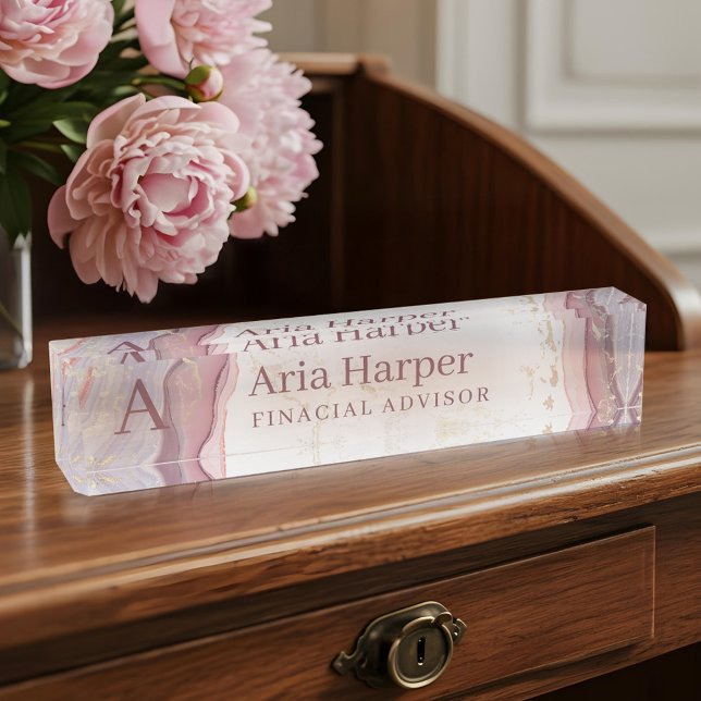 Placa De Nombre Elegante Monograma Purpurina de oro de Geode rosad (Elegant Pink Geode Gold Glitter Agate Monogram Desk Name Plate)