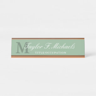 Placa De Nombre Elegante Monograma y Nombre Blanco Verde Masaje