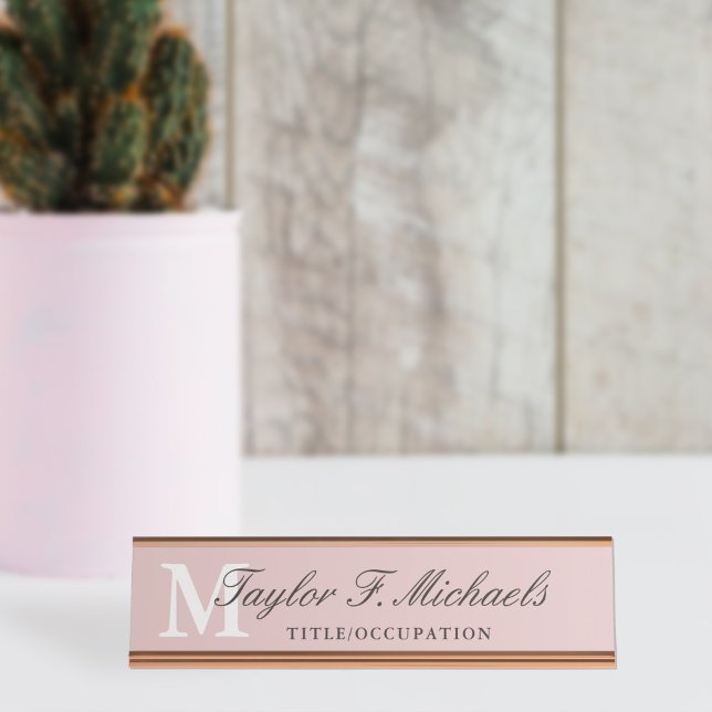 Placa De Nombre Elegante Monograma y Nombre Rosa de Rubor (Subido por el creador)