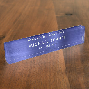 Placa De Nombre Elegante Navy Blue Metallic Profesional
