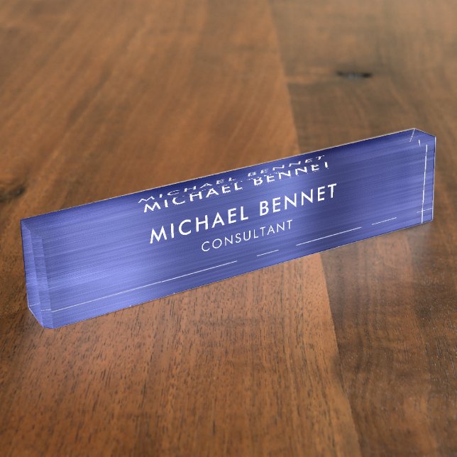 Placa De Nombre Elegante Navy Blue Metallic Profesional (Lateral)