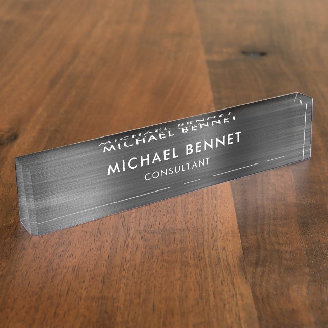Placa De Nombre Elegante Negro Metálico Profesional (Lateral)