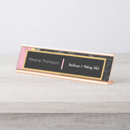 Placa De Nombre Elegante negro moderno guión de mármol rosa