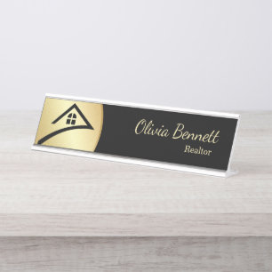 Placa De Nombre Elegante negro y dorado