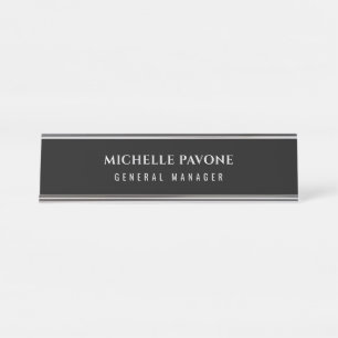 Placa De Nombre Elegante Negro y Gris Sencillo Plano Profesional