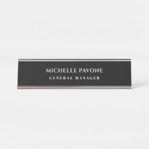 Placa De Nombre Elegante Negro y Gris Sencillo Plano Profesional