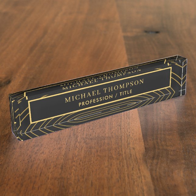 Placa De Nombre Elegante nombre geométrico de oro negro personaliz (Lateral)