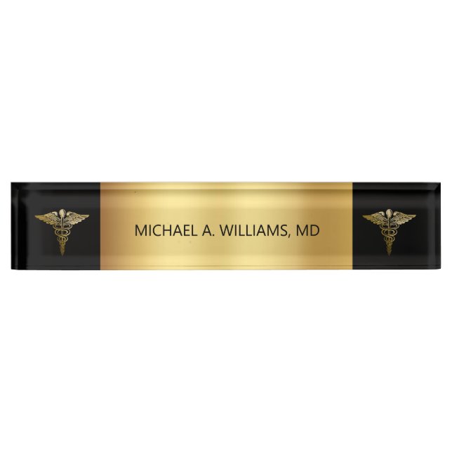 Placa De Nombre Elegante oro en Médica médico del Caducto Negro (Anverso)
