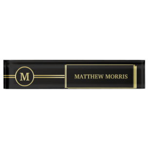 Placa De Nombre Elegante oro Monograma personalizado sobre negro